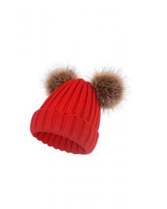 قبعة صغيرة منسوجة بوم بوم ضبابية باللون الأحمر