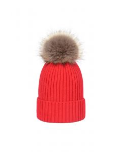 قبعة بوم بوم محبوكة مضلعة باللون الأحمر