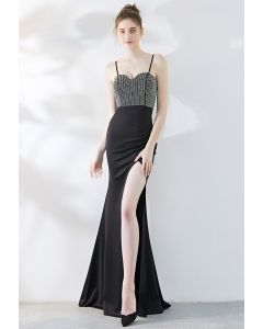 Crystal Embellished High Slit Satin Gown in Black