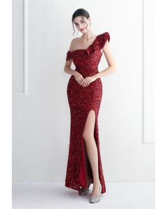 Tiered Ruffle One Shoulder Sequin Slit Gown in Burgundy