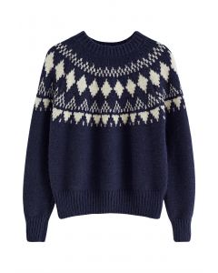 Fair Isle Jacquard Chunky Knit Sweater in Navy