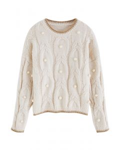 Contrast Edge Pom-Pom Cable Knit Sweater in Ivory