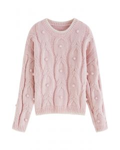 Contrast Edge Pom-Pom Cable Knit Sweater in Pink
