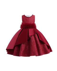 فستان أميرة شبكي مكشكش من الأزهار باللون الأحمر للأطفال