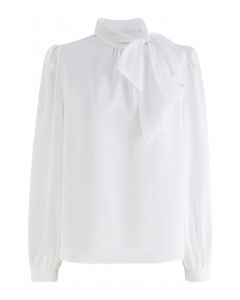 Organza Bowknot Pearl Satin Shirt in White
