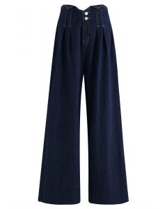Notched Edge Pleated Wide-Leg Jeans in Navy