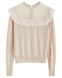 Pearly Neck Ruffle Knit Top in Light Tan