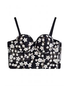 Embroidered Floret Corset Bustier Top in Black