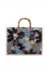 حقيبة يد بيد بامبو مطرزة بالزهور مزينة بالترتر باللون الأزرق