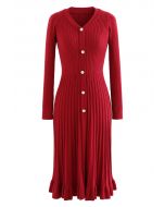 فستان ميدي محبوك بأزرار أمامية ومضلع بأزرار أمامية باللون الأحمر