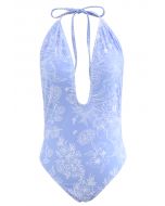 الأزهار رسم ملابس السباحة مفتوحة الظهر باللون الأزرق
