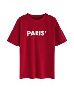 تي شيرت برقبة دائرية وطبعة باريس باللون الأحمر