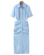 فستان قميص مزين بفتحة على الخصر وجانب مكشكش باللون الأزرق