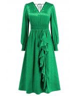 فستان ماكسي جاكار كشكش لامع باللون الأخضر