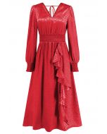 فستان ماكسي جاكار مكشكش لامع باللون الأحمر