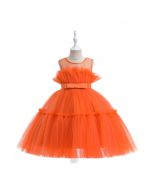فستان تول بعقدة على الخصر باللون البرتقالي للأطفال