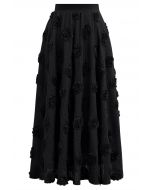 تنورة ميدي قطنية مخرمة ثلاثية الأبعاد باللون الأسود