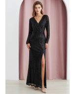 فستان دارلنج مزين بالترتر وفتحة عالية باللون الأسود