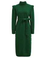 فستان ميدي محبوك بياقة مدورة وحزام باللون الأخضر