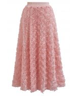 3D Rose Petal Mesh Midi Skirt in Pink