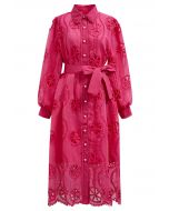 Cutwork الكروشيه زر أسفل فستان ميدي باللون الوردي الساخن
