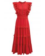 فستان ميدي بدون أكمام بحواف كروشيه باللون الأحمر