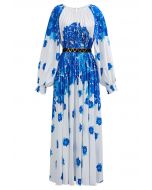 فستان طويل بطيات وألوان مائية من Blossoming Day باللون الأزرق
