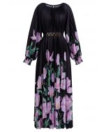 فستان طويل بطيات بألوان مائية من Blossoming Day باللون الأسود