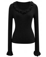 Ruffled Charm Long-Sleeve Ribbed Knit Top in Black