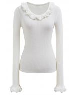 Ruffled Charm Long-Sleeve Ribbed Knit Top in White