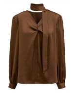 Ribbon V-Neckline Twist Detail Satin Top in Brown