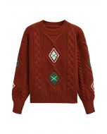 Festive Geometric Braid Knit Sweater in Red