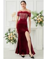 Off-Shoulder Feather Sequin High Slit Gown in Red