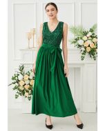 V-Neck Sequins Spliced Sleeveless Gown in Dark Green