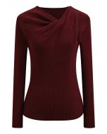 Twist Neckline Ribbed Knit Top in Burgundy